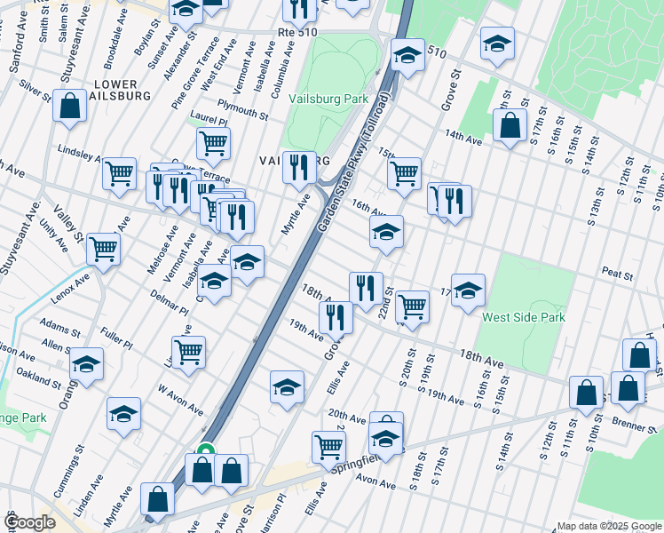 map of restaurants, bars, coffee shops, grocery stores, and more near 48 Tichenor Terrace in Irvington