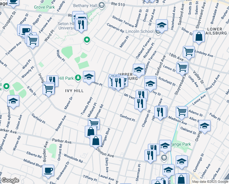 map of restaurants, bars, coffee shops, grocery stores, and more near 173-175 Eastern Parkway in Newark