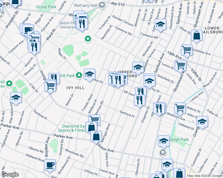 map of restaurants, bars, coffee shops, grocery stores, and more near 97 Norman Road in Newark