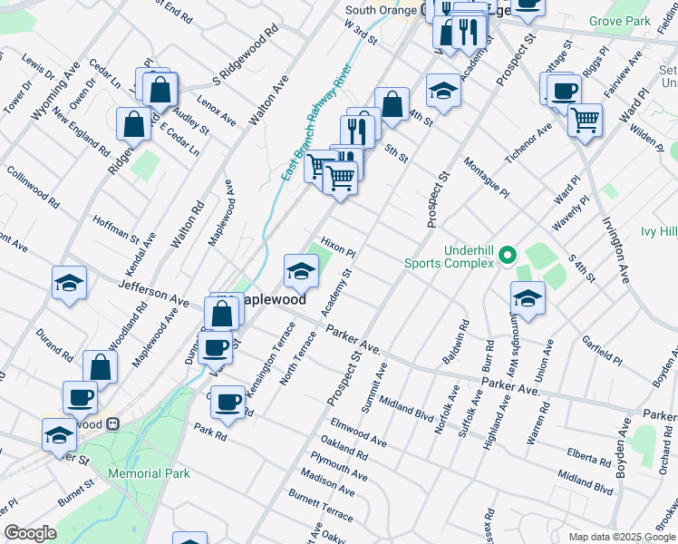 map of restaurants, bars, coffee shops, grocery stores, and more near 80 Hixon Place in Maplewood