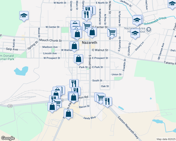map of restaurants, bars, coffee shops, grocery stores, and more near 41 Park Street in Nazareth