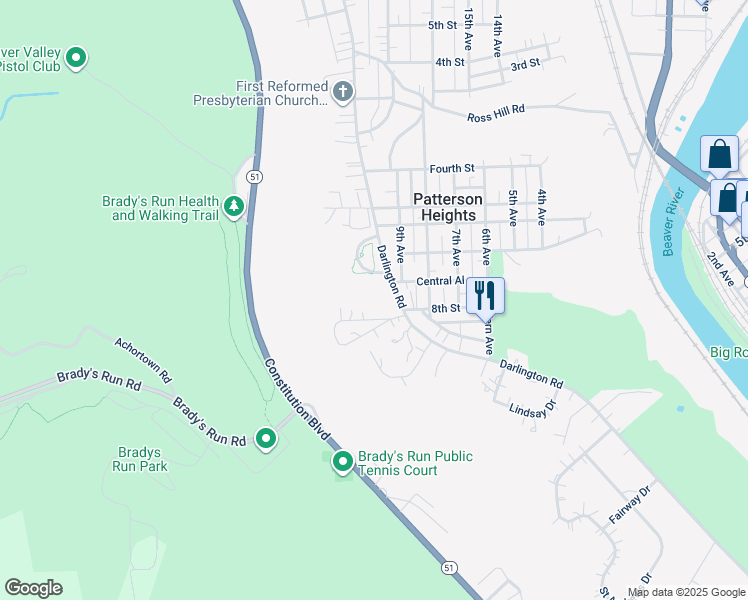 map of restaurants, bars, coffee shops, grocery stores, and more near 65 Darlington Road in Beaver Falls
