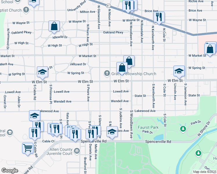 map of restaurants, bars, coffee shops, grocery stores, and more near 1617 West Elm Street in Lima