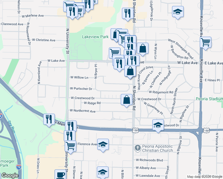 map of restaurants, bars, coffee shops, grocery stores, and more near 912 West Ridgemont Road in Peoria