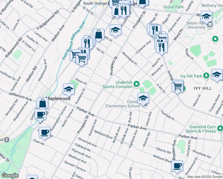 map of restaurants, bars, coffee shops, grocery stores, and more near 445 Summit Avenue in South Orange