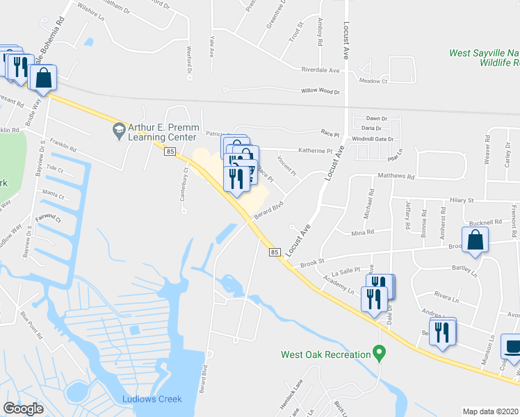 map of restaurants, bars, coffee shops, grocery stores, and more near 6 Berard Boulevard in Oakdale