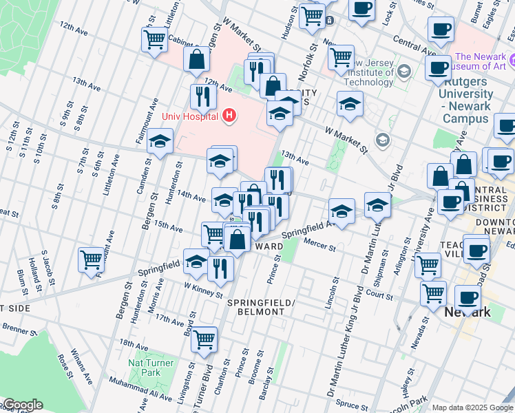 map of restaurants, bars, coffee shops, grocery stores, and more near 24 Jones Street in Newark