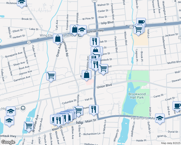map of restaurants, bars, coffee shops, grocery stores, and more near 15 Robbins Avenue in Islip