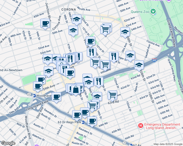 map of restaurants, bars, coffee shops, grocery stores, and more near 98-23 Horace Harding Expressway in Queens