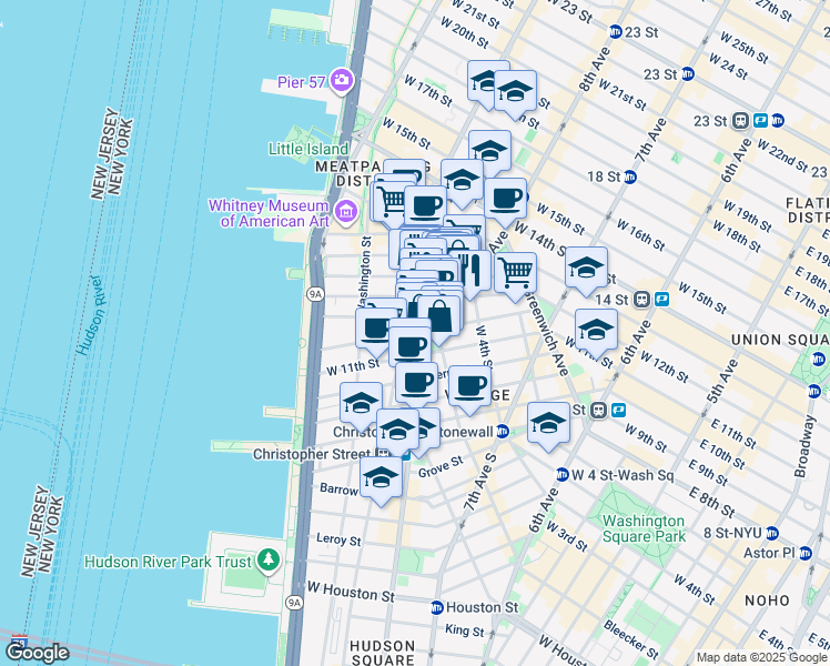 map of restaurants, bars, coffee shops, grocery stores, and more near 97 Bank Street in New York