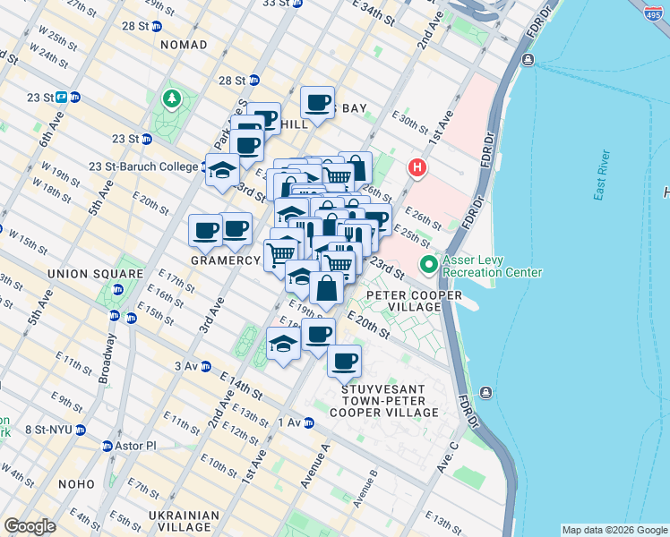 map of restaurants, bars, coffee shops, grocery stores, and more near 324 East 22nd Street in New York