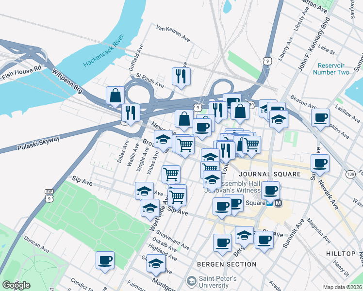 map of restaurants, bars, coffee shops, grocery stores, and more near 1075 West Side Avenue in Jersey City