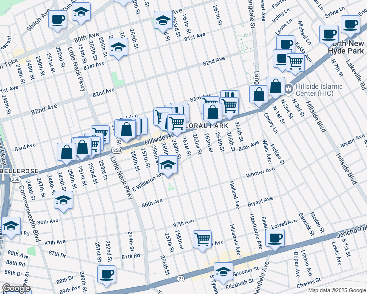 map of restaurants, bars, coffee shops, grocery stores, and more near 84-19 261st Street in Queens
