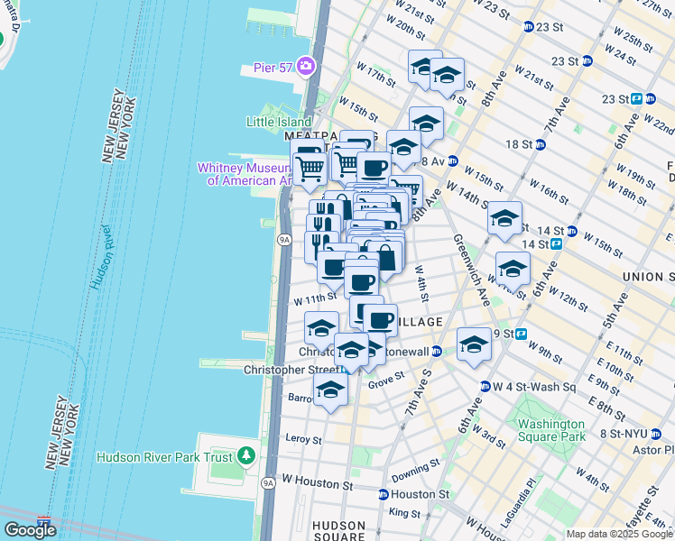map of restaurants, bars, coffee shops, grocery stores, and more near 20 Bethune Street in New York
