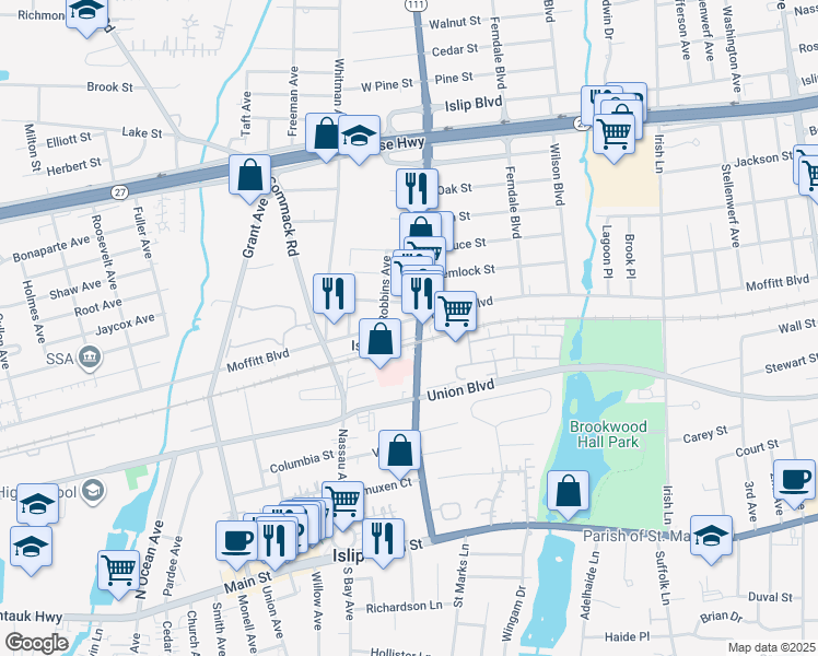 map of restaurants, bars, coffee shops, grocery stores, and more near 185 Islip Avenue in Islip