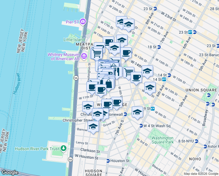 map of restaurants, bars, coffee shops, grocery stores, and more near 82 Bank Street in New York
