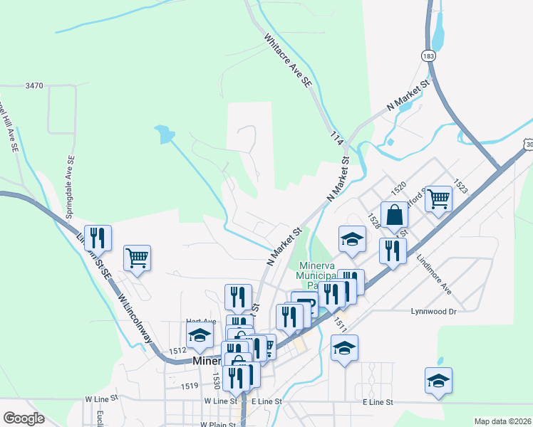 map of restaurants, bars, coffee shops, grocery stores, and more near 204 Ridgewood Blvd in Minerva
