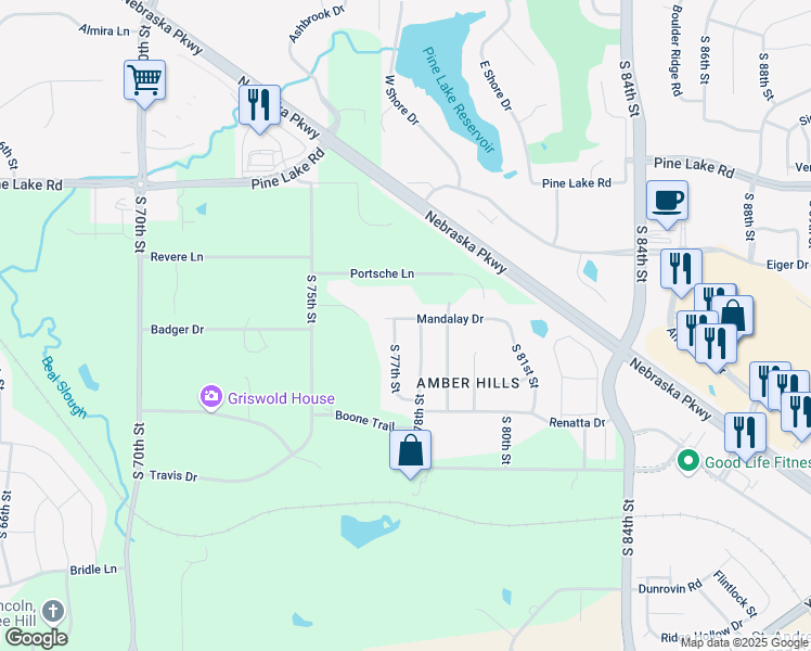 map of restaurants, bars, coffee shops, grocery stores, and more near 7715 Mandalay Drive in Lincoln