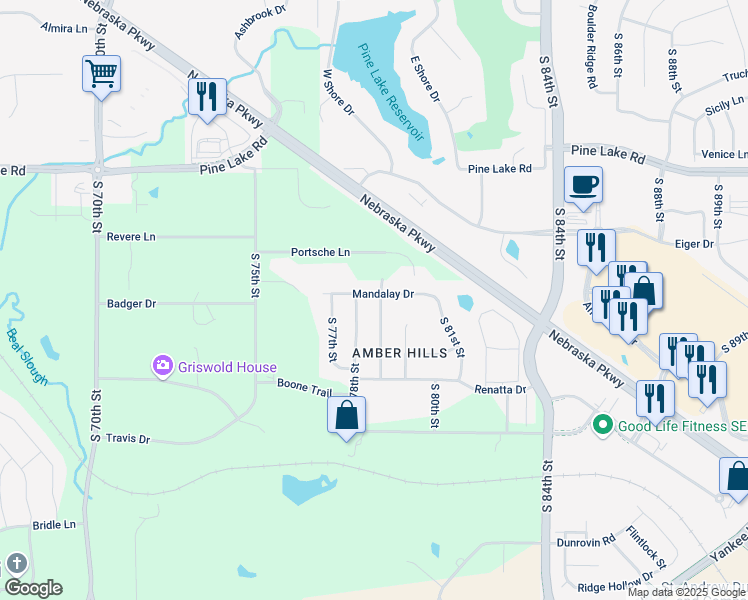 map of restaurants, bars, coffee shops, grocery stores, and more near 7821 Mandalay Drive in Lincoln