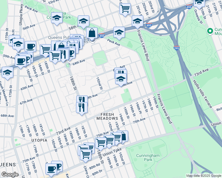 map of restaurants, bars, coffee shops, grocery stores, and more near 193-15B 69th Avenue in Queens