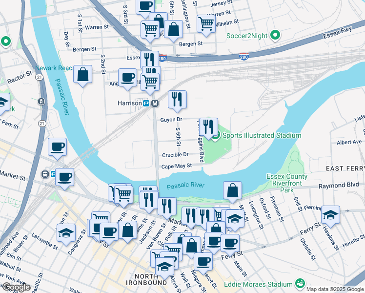 map of restaurants, bars, coffee shops, grocery stores, and more near 900 Frank E Rodgers Boulevard South in Harrison