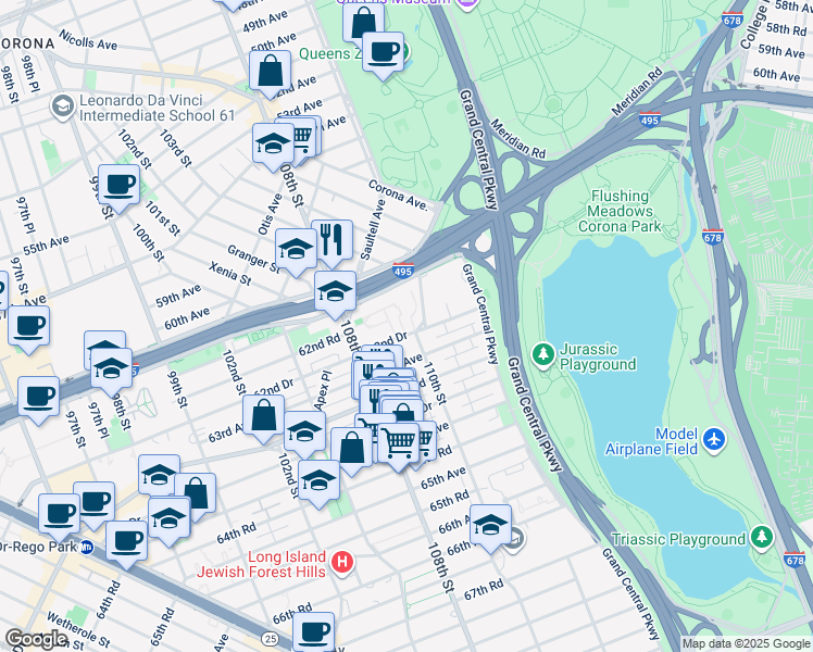 map of restaurants, bars, coffee shops, grocery stores, and more near 108-75 62nd Drive in Queens