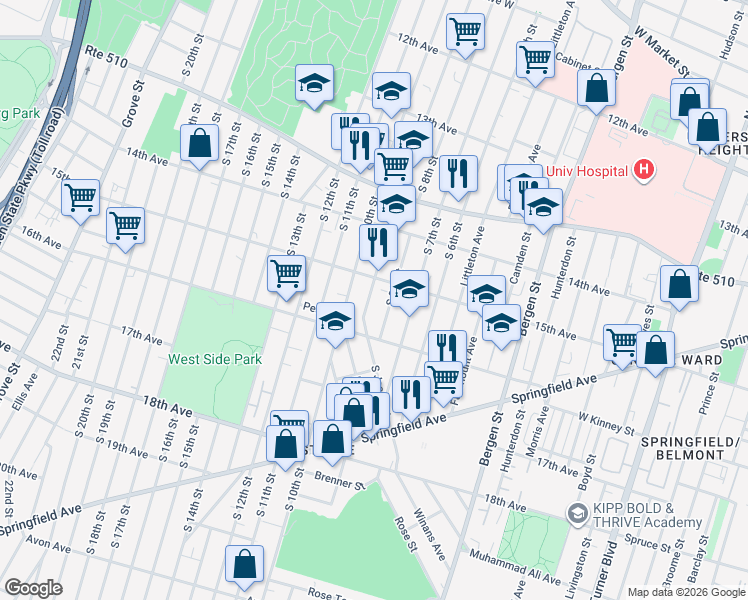 map of restaurants, bars, coffee shops, grocery stores, and more near 467 15th Avenue in Newark