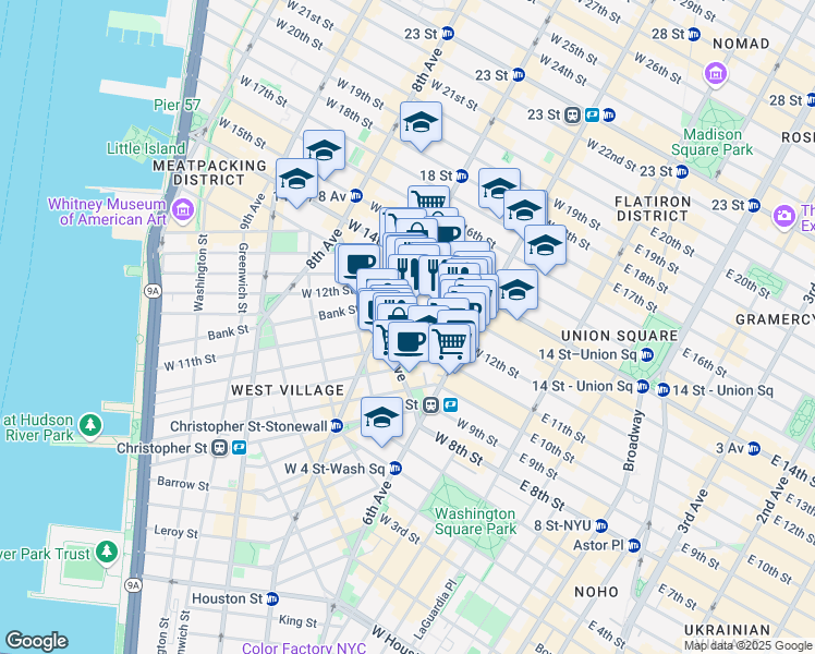 map of restaurants, bars, coffee shops, grocery stores, and more near 157 West 12th Street in New York