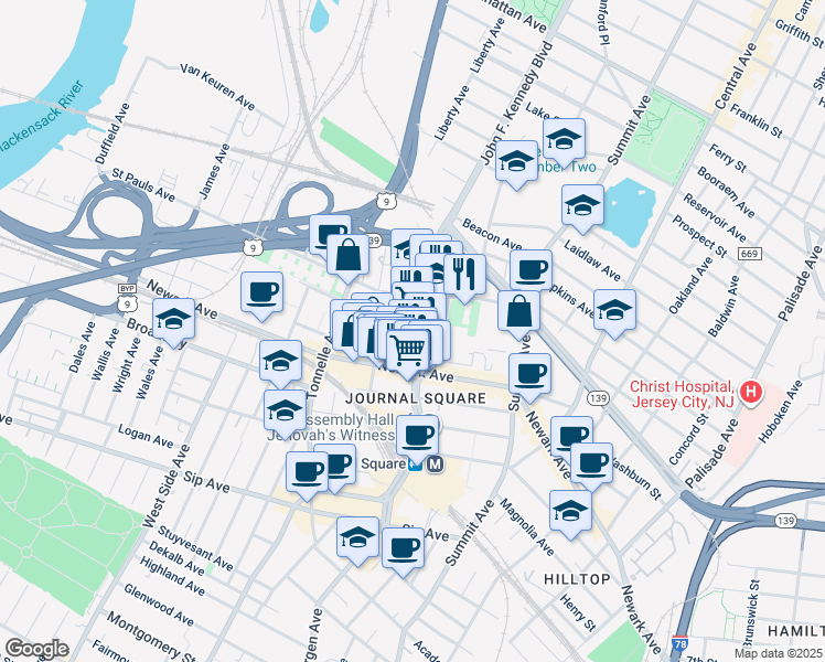 map of restaurants, bars, coffee shops, grocery stores, and more near 3040 John F. Kennedy Boulevard in Jersey City