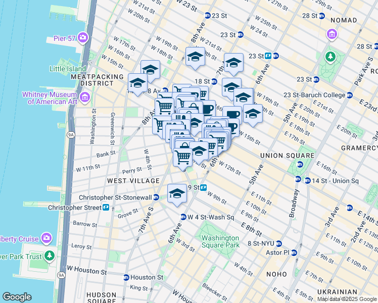 map of restaurants, bars, coffee shops, grocery stores, and more near 160 West 12th Street in New York
