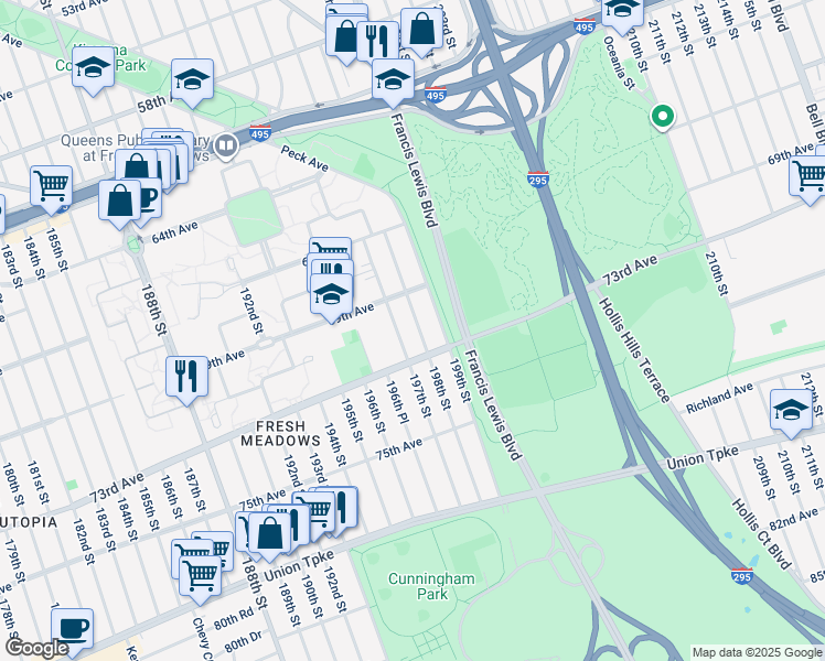 map of restaurants, bars, coffee shops, grocery stores, and more near 69-25 198th Street in Queens