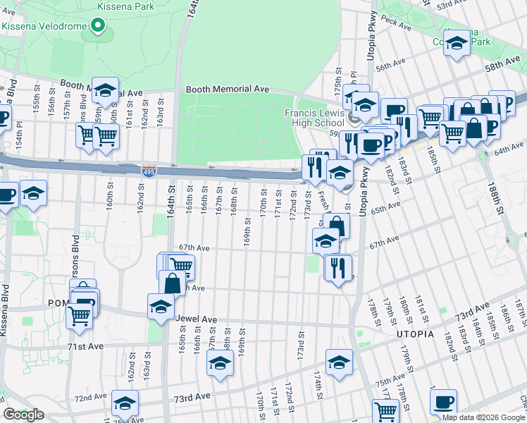 map of restaurants, bars, coffee shops, grocery stores, and more near 61-38 171st Street in Queens