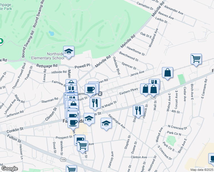 map of restaurants, bars, coffee shops, grocery stores, and more near 78 Sullivan Road in Farmingdale