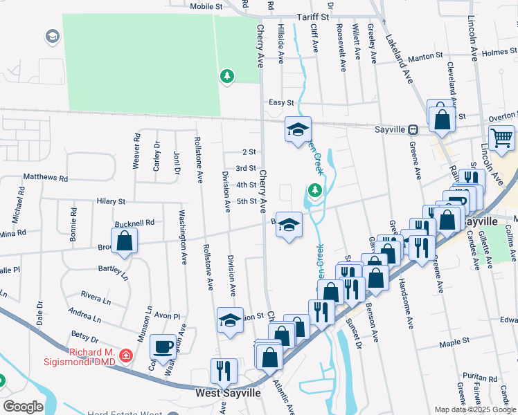 map of restaurants, bars, coffee shops, grocery stores, and more near 123 Cherry Avenue in West Sayville