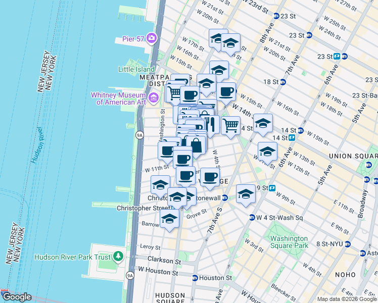 map of restaurants, bars, coffee shops, grocery stores, and more near Bank Street in New York