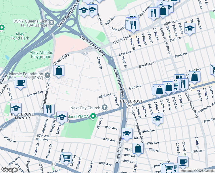map of restaurants, bars, coffee shops, grocery stores, and more near 82-26 243rd Street in Queens
