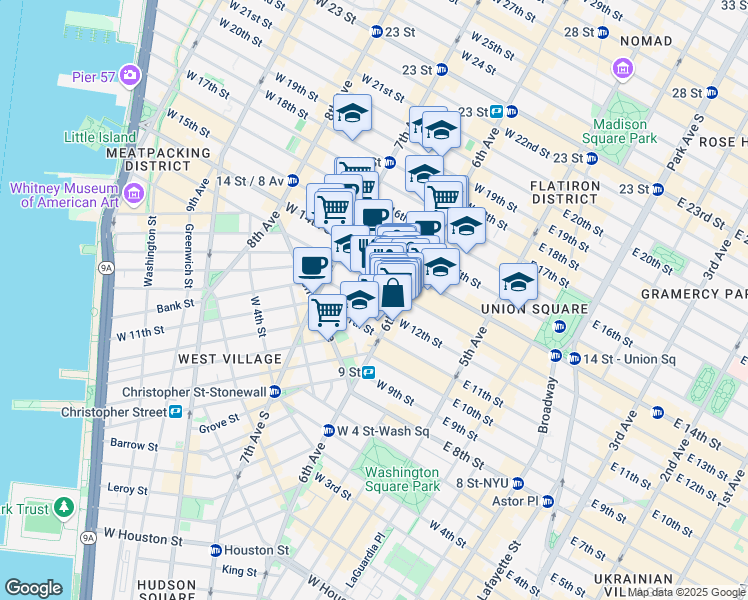 map of restaurants, bars, coffee shops, grocery stores, and more near 111 West 13th Street in New York