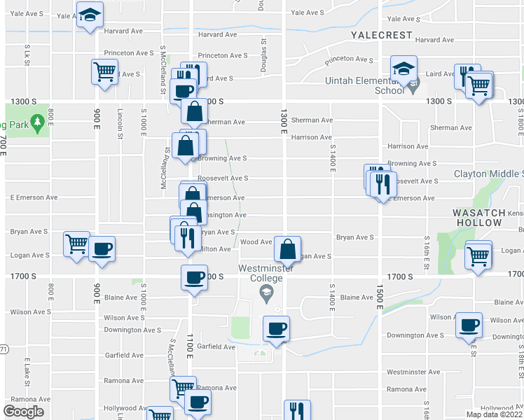 map of restaurants, bars, coffee shops, grocery stores, and more near 1245 East Kensington Avenue in Salt Lake City