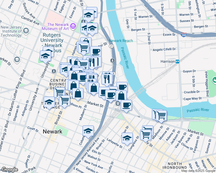 map of restaurants, bars, coffee shops, grocery stores, and more near 841 McCarter Highway in Newark
