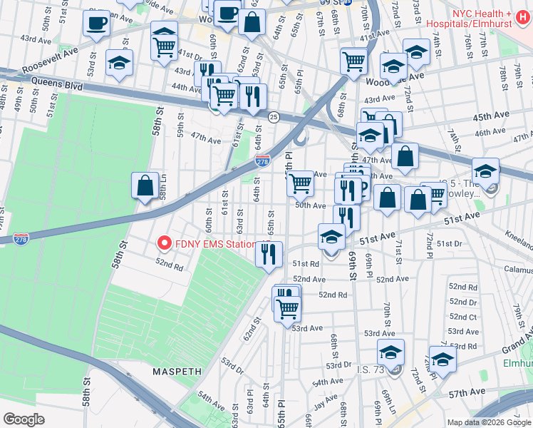 map of restaurants, bars, coffee shops, grocery stores, and more near 48-45 65th Street in Queens