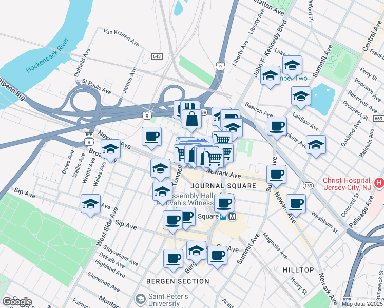 map of restaurants, bars, coffee shops, grocery stores, and more near 17 Berkeley Place in Jersey City
