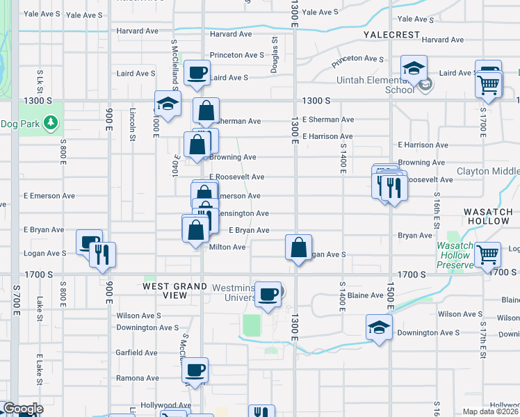 map of restaurants, bars, coffee shops, grocery stores, and more near 1219 East Kensington Avenue in Salt Lake City