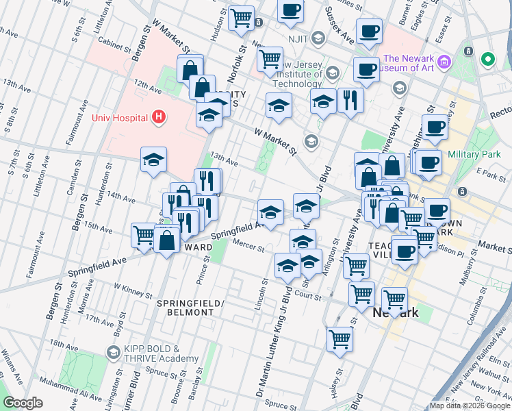 map of restaurants, bars, coffee shops, grocery stores, and more near 73 Howard Street in Newark