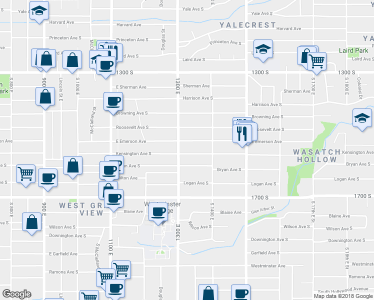 map of restaurants, bars, coffee shops, grocery stores, and more near 1501 South 1300 East in Salt Lake City