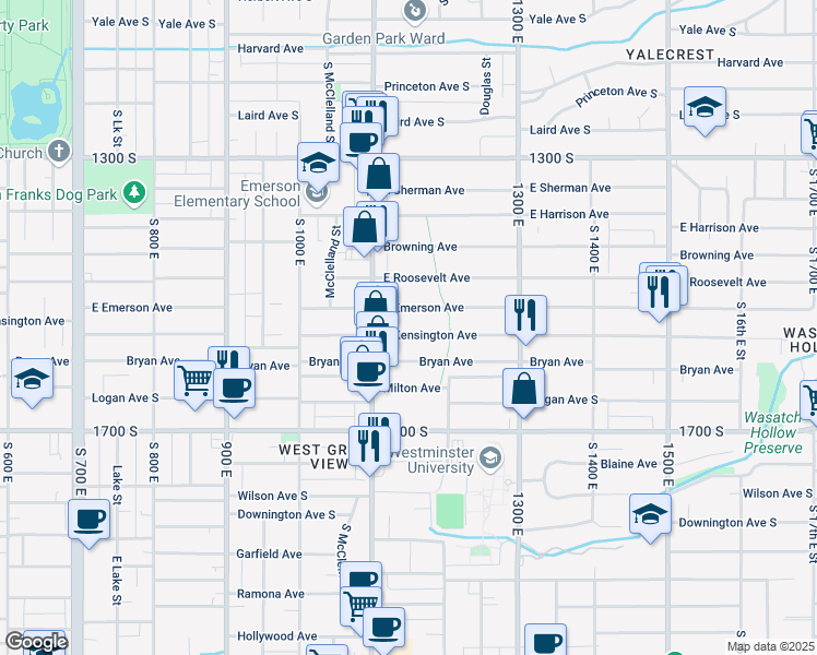 map of restaurants, bars, coffee shops, grocery stores, and more near 1156 East Emerson Avenue in Salt Lake City
