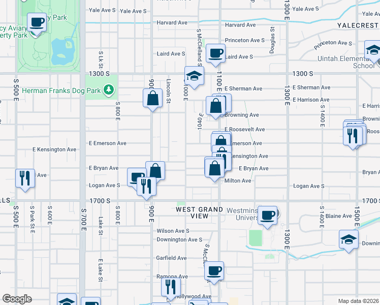 map of restaurants, bars, coffee shops, grocery stores, and more near 1500 South 1000 East in Salt Lake City