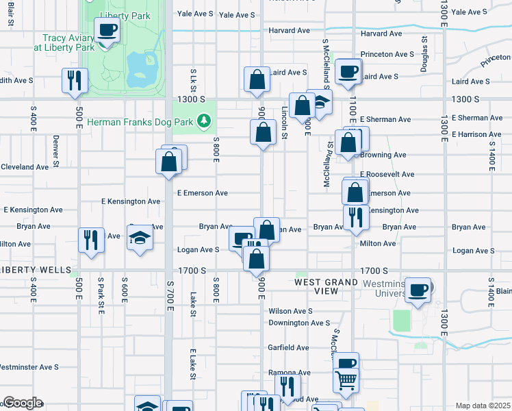 map of restaurants, bars, coffee shops, grocery stores, and more near 1504 900 East in Salt Lake City