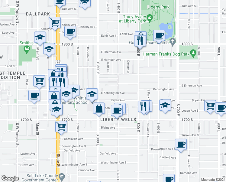 map of restaurants, bars, coffee shops, grocery stores, and more near in Salt Lake City