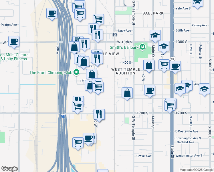 map of restaurants, bars, coffee shops, grocery stores, and more near 275 High Avenue in Salt Lake City