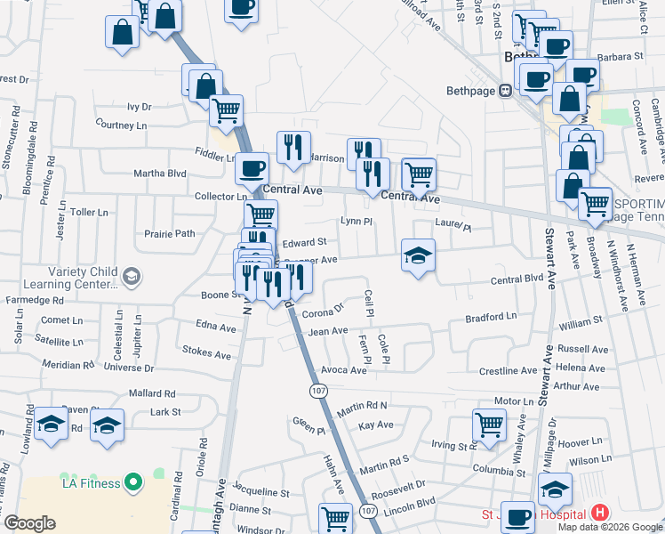 map of restaurants, bars, coffee shops, grocery stores, and more near 120 Brenner Avenue in Bethpage